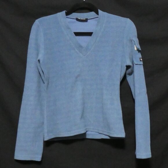 UB JEANS | Striped Light Blue Fleece V-Neck Long Sleeve Shirt W/ Sleeve Pocket - Picture 1 of 15